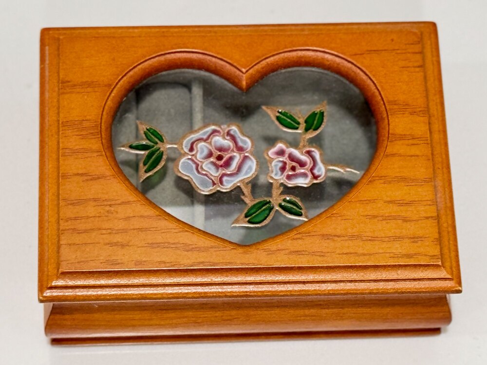 Vintage 80-90s Wood 5" Jewelry Box Heart Glass Window Cloisonné Rose Cottagecore